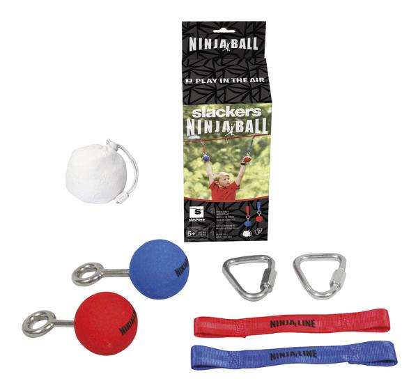 Slackers Ninja Ball Set mit roten und blauen Bällen, Karabinern und Befestigungsbändern für Outdoor-Spiel.
