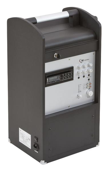 Tragbare schwarze Audioanlage mit Radio, Lautstärkeregler und Anschlüssen für externe Geräte.