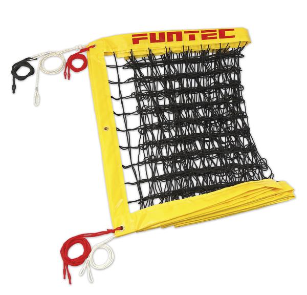 Funtec Volleyballnetz mit gelbem Rand und schwarzen Maschen, inklusive Befestigungsseilen.