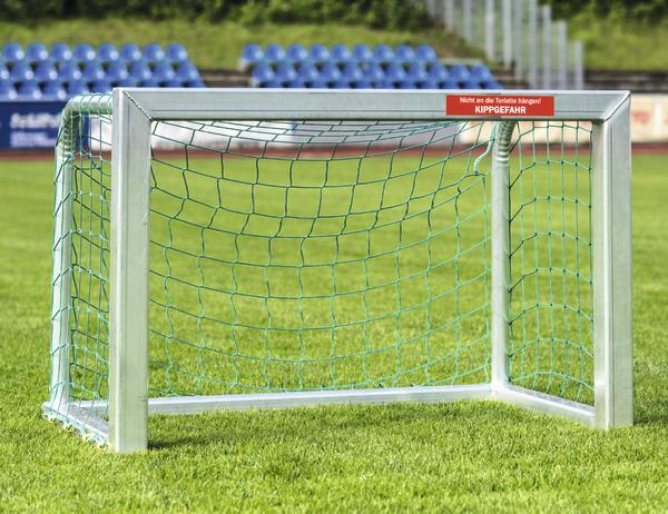 Kleines Fußballtor mit grünem Netz auf Rasenplatz, Warnhinweis wegen Kippgefahr.
