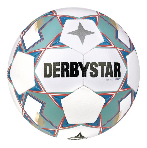 Weißer Derbystar Stratos Light Fußball mit blau-rotem Sternmuster, Nahaufnahme.