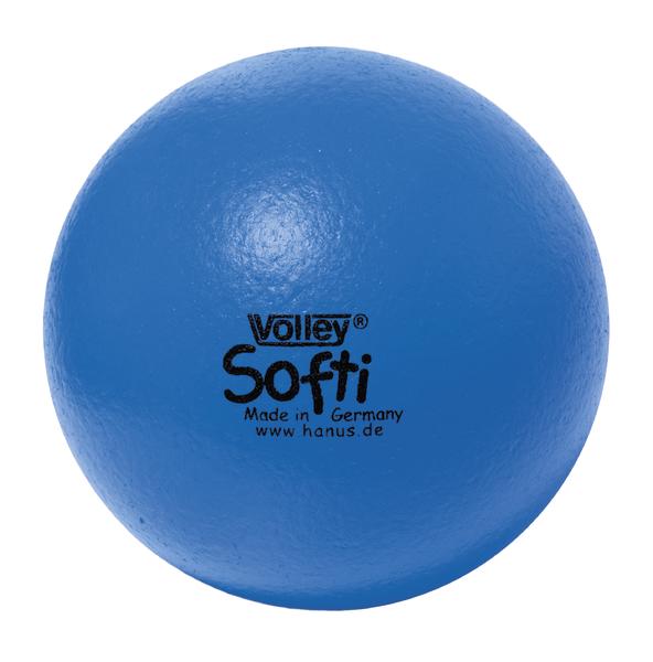 Blauer Softball aus Schaumstoff, Marke Volley Softi, hergestellt in Deutschland.