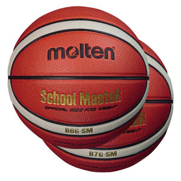 Zwei orange-weiße Molten School Master Basketballs in offizieller Größe und Gewicht.