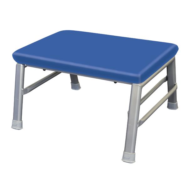 Blauer Turnhocker mit Metallgestell und rutschfesten Gummifüßen für sicheren Stand.