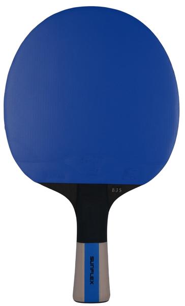 Pingpong-Schläger mit blauem Belag und ergonomischem Griff für Tischtennis-Spiel.