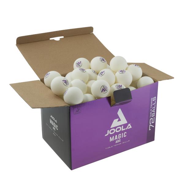 Offene Box mit 72 weißen JOOLA Magic ABS Tischtennisbällen für Training und Spiel.