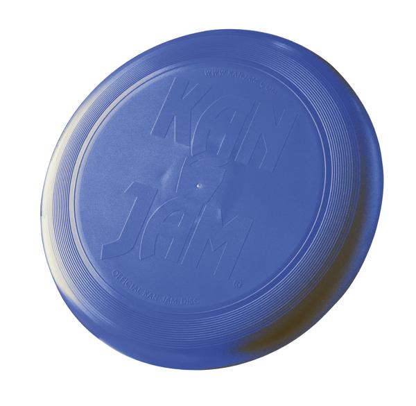 Blauer Kunststoff-Frisbee mit eingraviertem "Kan Jam" Logo, Spielgerät für Wurfspiele.