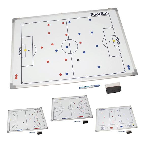 Taktiktafel für Fußball mit Magneten, Stift und Radiergummi, Spielfeldübersicht.
