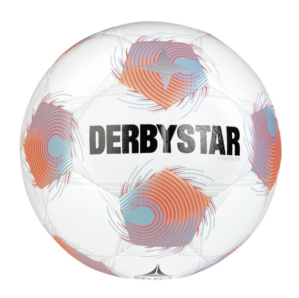 Weißer Derbystar Fußball mit orange-blauen Mustern und schwarzem Logo.
