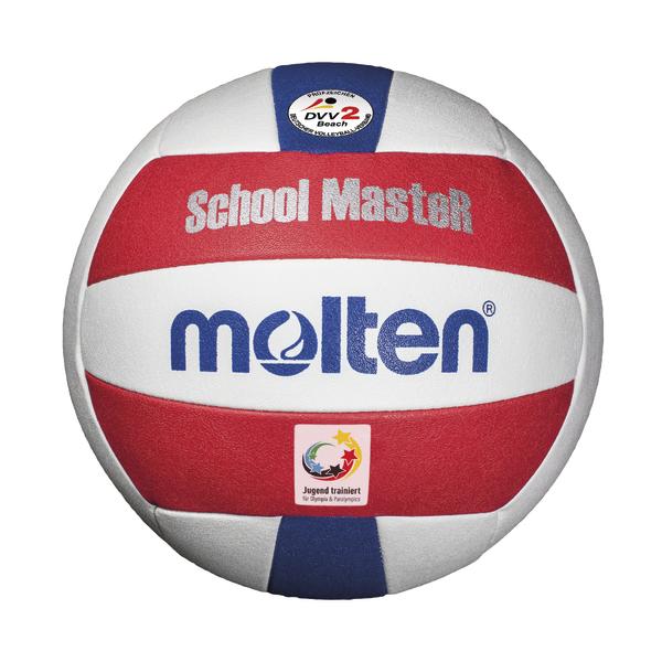 Weiß-rot-blauer Volleyball mit Aufschrift „molten School Master“ und DVV-Logo vor weißem Hintergrund.