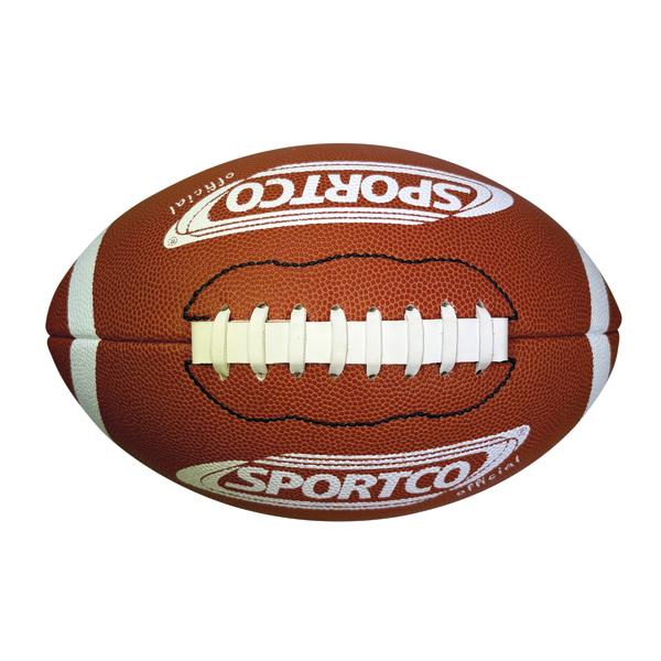 Brauner SPORTCO Official Gummi-Football mit genoppter Oberfläche, weißen Streifen und klassischer Football-Form im American-Football-Design