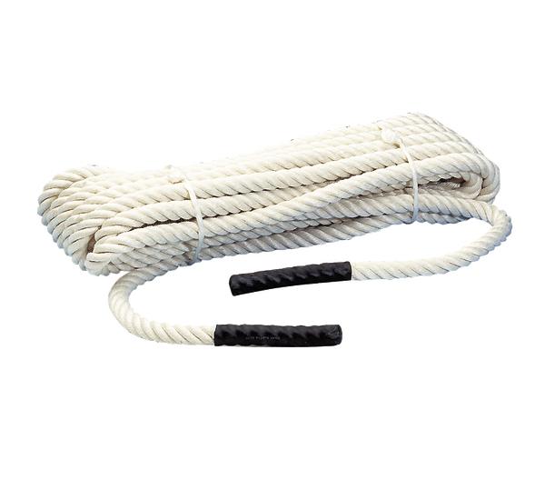 Weißes Ziehtau mit schwarzen Griffen, zusammengerollt und gebündelt.