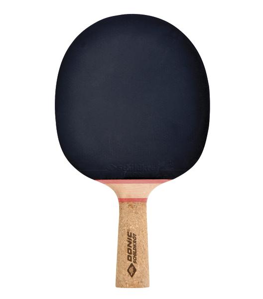 Tischtennisschläger mit schwarzem Belag und Korkgriff von Donic.