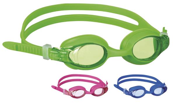 Grüne, pinke und blaue Schwimmbrille mit verstellbarem Gurt für Kinder und Erwachsene.