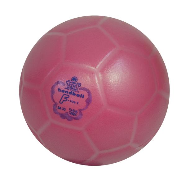 Pinker Handball der Größe 2 mit blauem Logo auf weißem Hintergrund