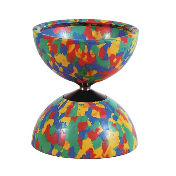Buntes Diabolo-Spielzeug mit rot, gelb, grün und blauem Farbmuster auf weißem Hintergrund.