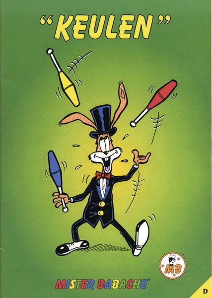 Cartoon-Hase im Frack jongliert bunte Keulen vor grünem Hintergrund, Mister Babache Logo.