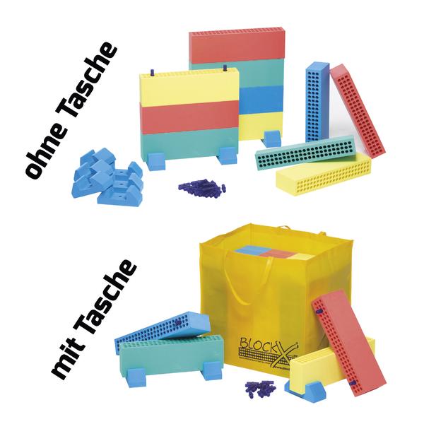 Bunte Bausteine und Halter ohne Tasche, sortiert auf weißem Hintergrund.