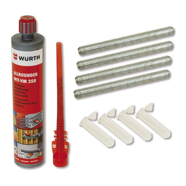 Würth Allrounder WIT-VM 250 Injektionsmörtel mit Gewindestangen und Dübeln für Betonbefestigung.