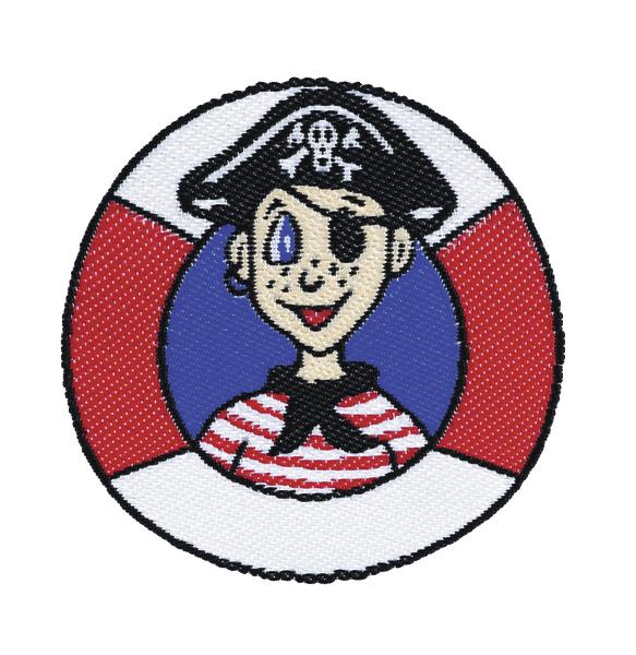 Bunter Piraten-Comic mit Augenklappe und Totenkopf-Hut als Stickerei auf Rettungsring.