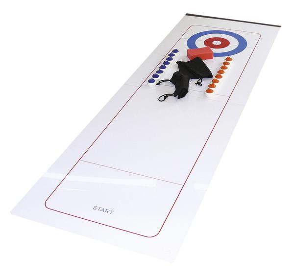 Indoor Curling Spielset mit Zielscheibe, Spielsteinen und Startfeld auf weißem Untergrund.