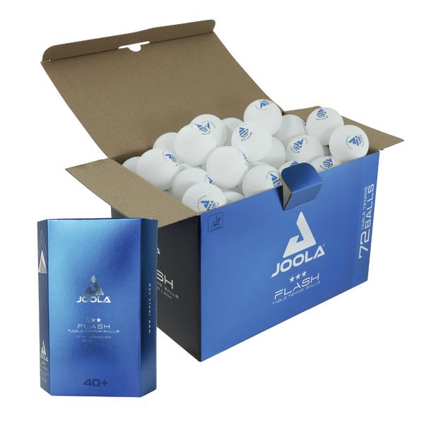 Offene Schachtel mit 72 weißen JOOLA Flash Tischtennisbällen und einer Einzelverpackung.