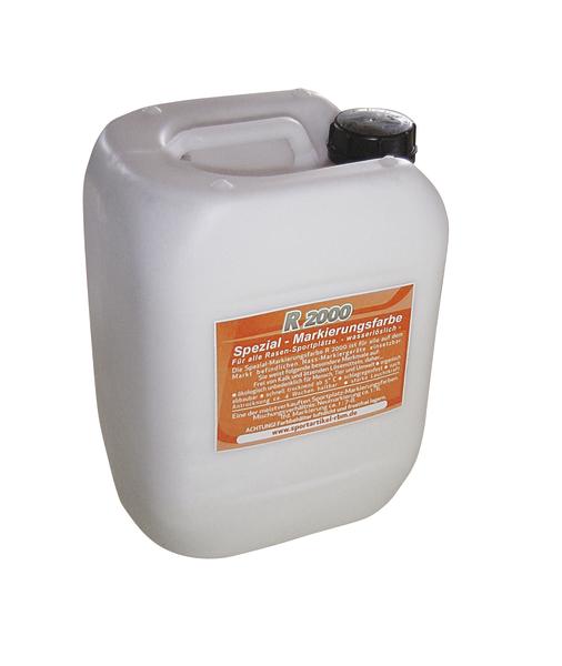 Weißer Kunststoffkanister mit Spezial-Markierungsfarbe für Sportplätze, 5 Liter.