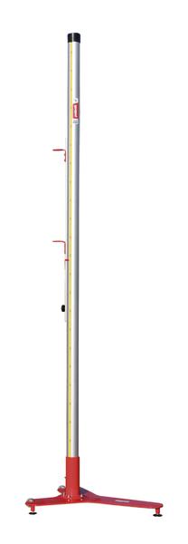 Absperrpfosten mit rotem Sockel und verstellbaren Halterungen für Absperrketten oder Bänder.