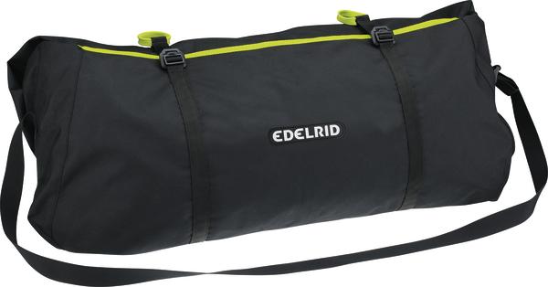 Schwarze Edelrid Klettertasche mit Schultergurt und gelbem Reißverschluss, robust und geräumig.