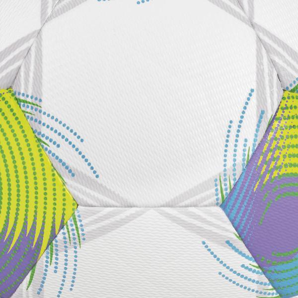Weißer DERBYSTAR Brillant Light 350 Fußball mit lila-gelb-türkisem Spiraldesign und strukturierter Oberfläche Detailansicht Balldesign