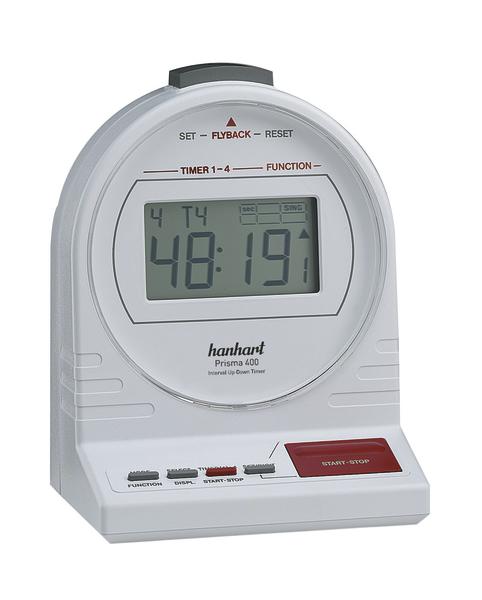 Digitaler Hanhart Prisma 400 Timer mit großem Display und Start-Stopp-Taste in Weiß.