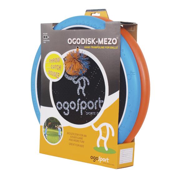 OgoDisk-Mezo Hand-Trampolin für Bälle in Verpackung, blau und orange, Spielgerät für Kinder.