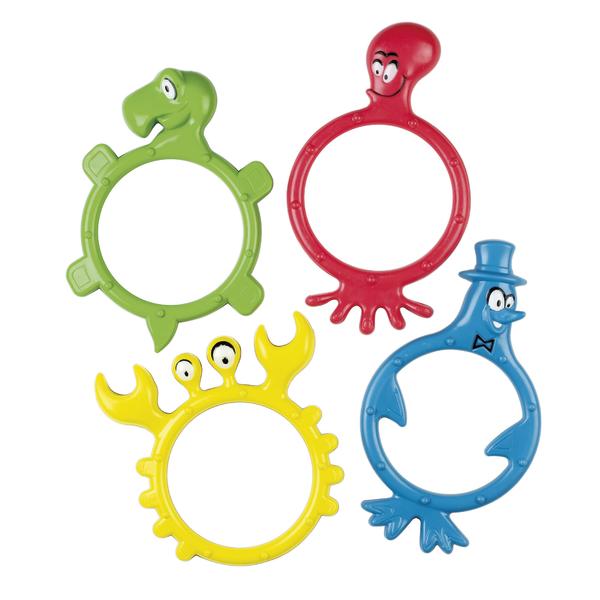 Bunte Badetier-Ringe aus Kunststoff in Form von Schildkröte, Krake, Krebs und Vogel.