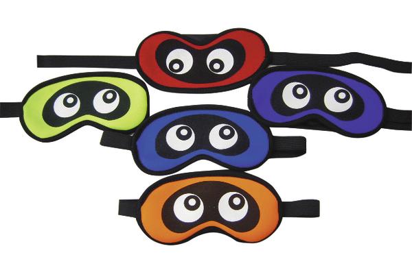 Bunte Augenbinden mit großen Comic-Augen in Rot, Grün, Blau, Lila und Orange.