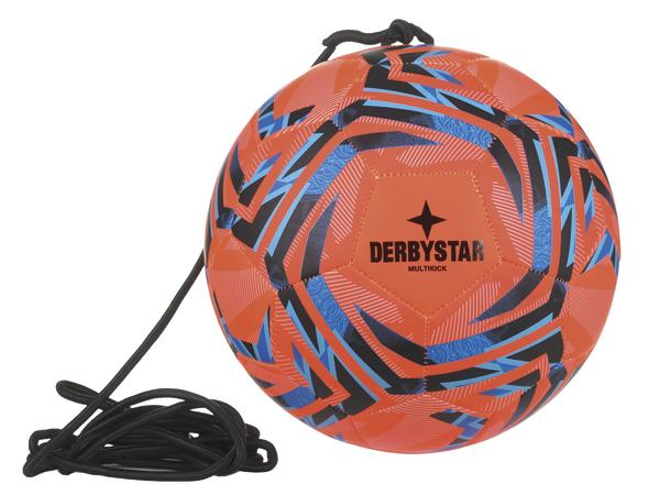 Roter Fußball mit blau-schwarzem Muster und befestigter Rückholschnur.