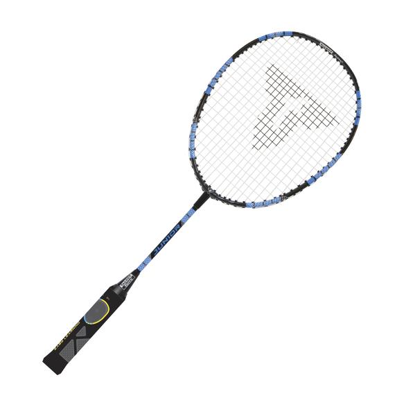 Badmintonschläger mit blau-schwarzem Rahmen und bespannter Schlagfläche auf weißem Hintergrund.