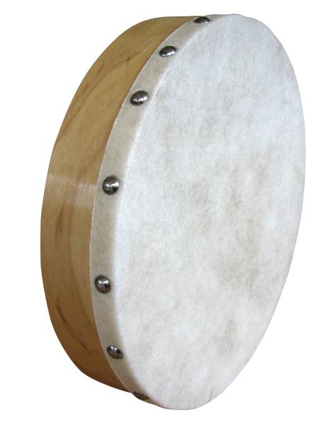 Rahmentrommel mit Holzrahmen und weißem Fell, traditionelles Schlaginstrument.