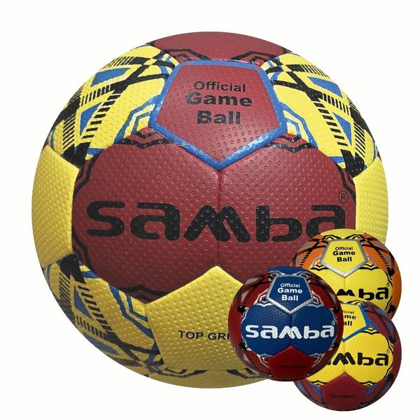 Mehrere SAMBA „Official Game Ball“ Handbälle in verschiedenen Farbvarianten und Größen, mit strukturierter „Top Grippy“-Oberfläche.