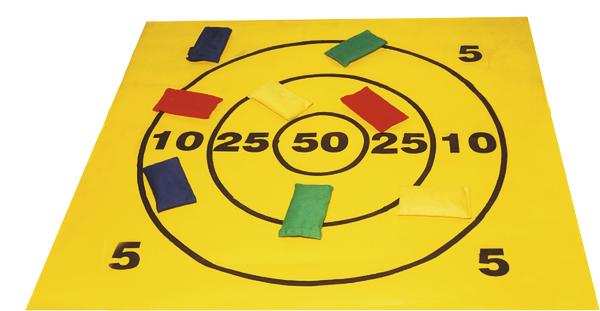 Gelbe Zielscheibe mit Punkten und bunten Wurfbeuteln für Darts oder Wurfspiel.