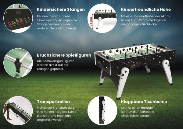 Übersicht der Funktionen des Kids Master Cup Tischkickers mit kindersicheren Stangen und klappbaren Beinen.