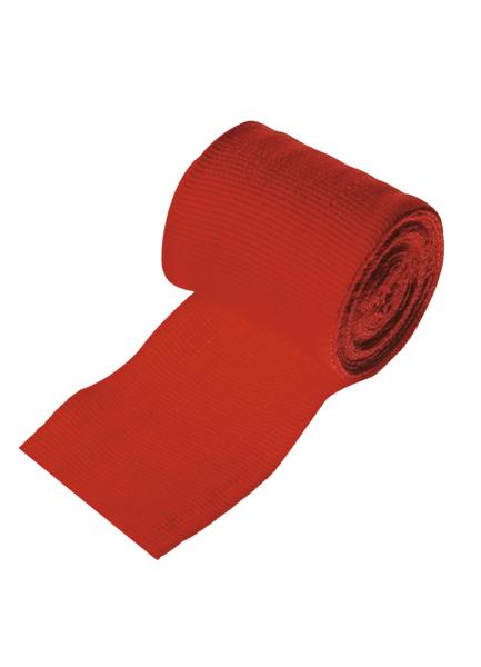 Rotes elastisches Bandagierband, aufgerollt, für Sport und Verletzungsprävention.
