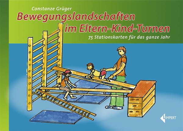 Illustration von Eltern-Kind-Turnen mit Klettergerüst und Balancierbrettern für Bewegungslandschaften.
