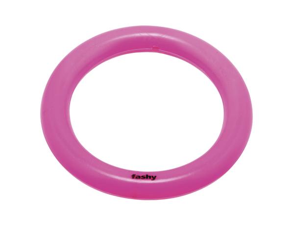 Pinker, runder Tauchring aus Kunststoff mit dem Schriftzug "fashy" auf weißem Hintergrund.