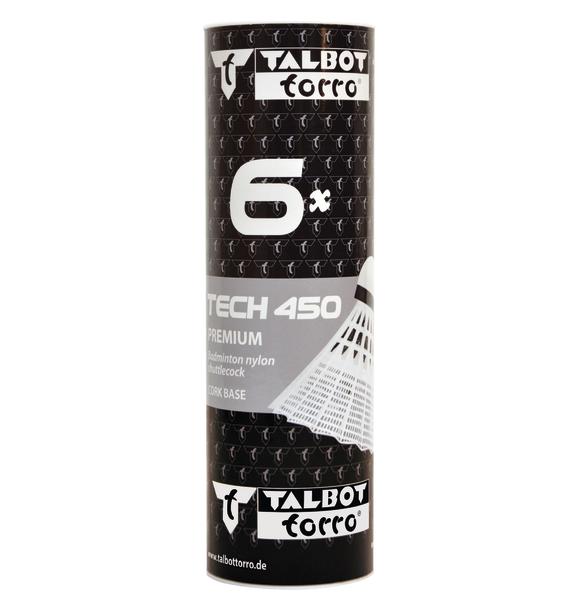 Dose mit 6 Talbot Torro Tech 450 Premium Nylon Badmintonbällen mit Korkbasis.