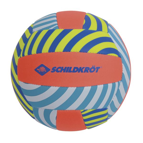 Wasserball mit buntem Streifenmuster und Schildkröt-Logo, ideal für Wassersport.