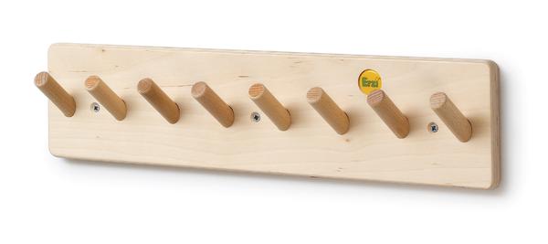 Holz-Wandhakenleiste mit acht runden Haken, naturfarben, für Jacken und Mäntel.