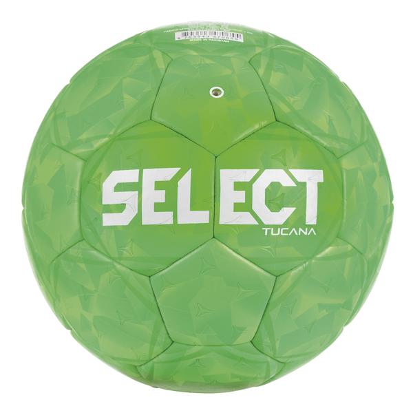 Rückansicht eines grünen SELECT Tucana Handballs mit geometrischem Ton-in-Ton-Muster, weißem SELECT-Schriftzug und sichtbarem Ventil. Der Handball ist vor weißem Hintergrund abgebildet.