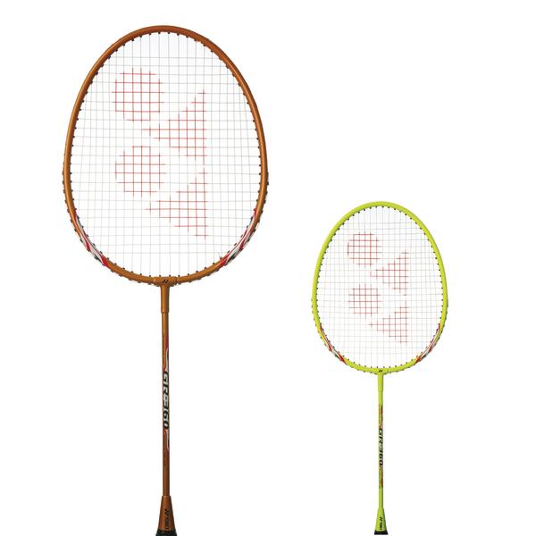 Zwei Yonex Badmintonschläger GR 360 in Limegrün und Orange.