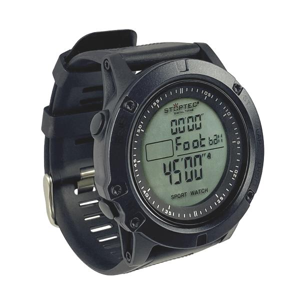 Schwarze digitale STOPTEC Schiedsrichteruhr RW-110 mit großem LCD-Display, robustem Kunststoffgehäuse und schwarzem Silikonarmband in schräger Frontansicht.