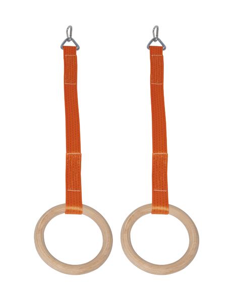 Holzringe mit orangefarbenen Bändern und Metallhaken zum Aufhängen für Fitness und Turnen.